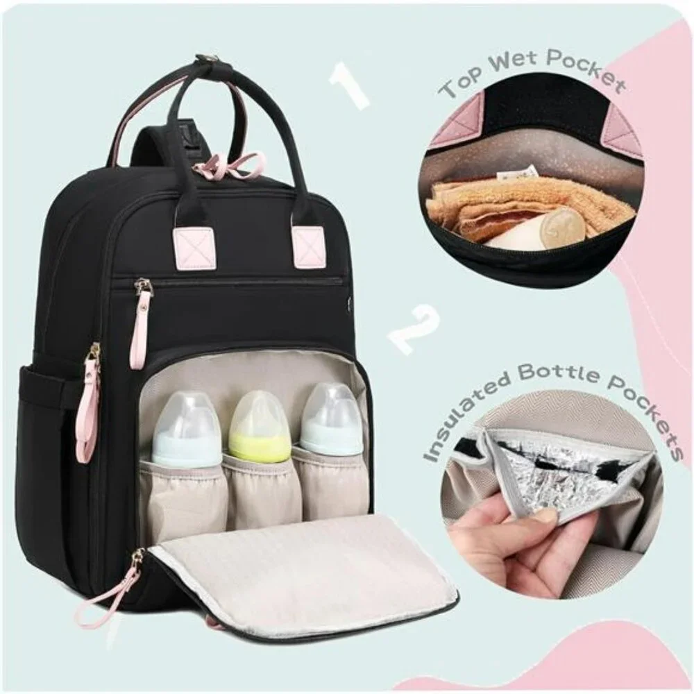 Large Diaper Bag Backpack Tote 18 Pockets Waterproof Baby Travel Bag Black